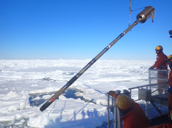 Marine sediment coring from the icebreaker Shirase during the 61st Japanese Antarctic Research Expedition (2019–2020).
